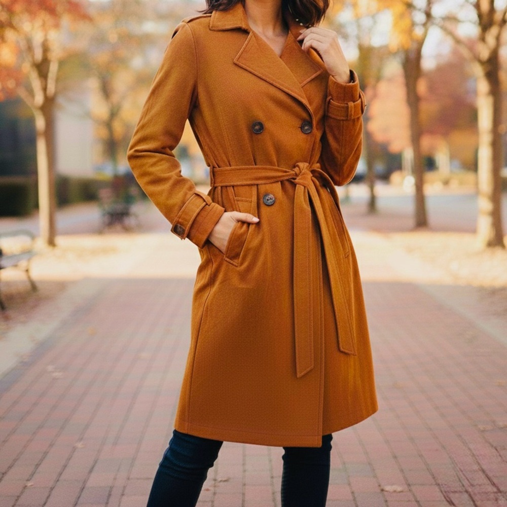 Kendall + Kylie Faux Suede Burnt Orange Trench Coat Pockets Size M LIKE NEW Fall